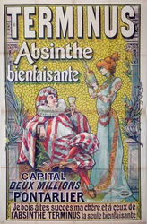 Cartaz publicitário do absinto «Terminus», com Sarah Bernhardt como «Absinthe» e Constant Coquelin como o «Sgnanarelle» de Molière, final do século XIX